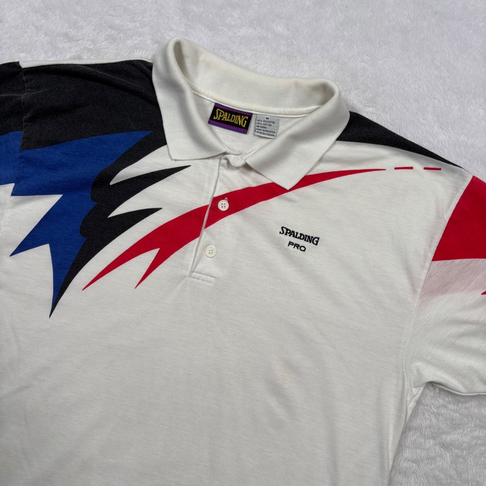 VTG 90s Spalding Polo Shirt Men M White Red Blue Geometric Colorblock Logo RARE - Picture 3 of 14